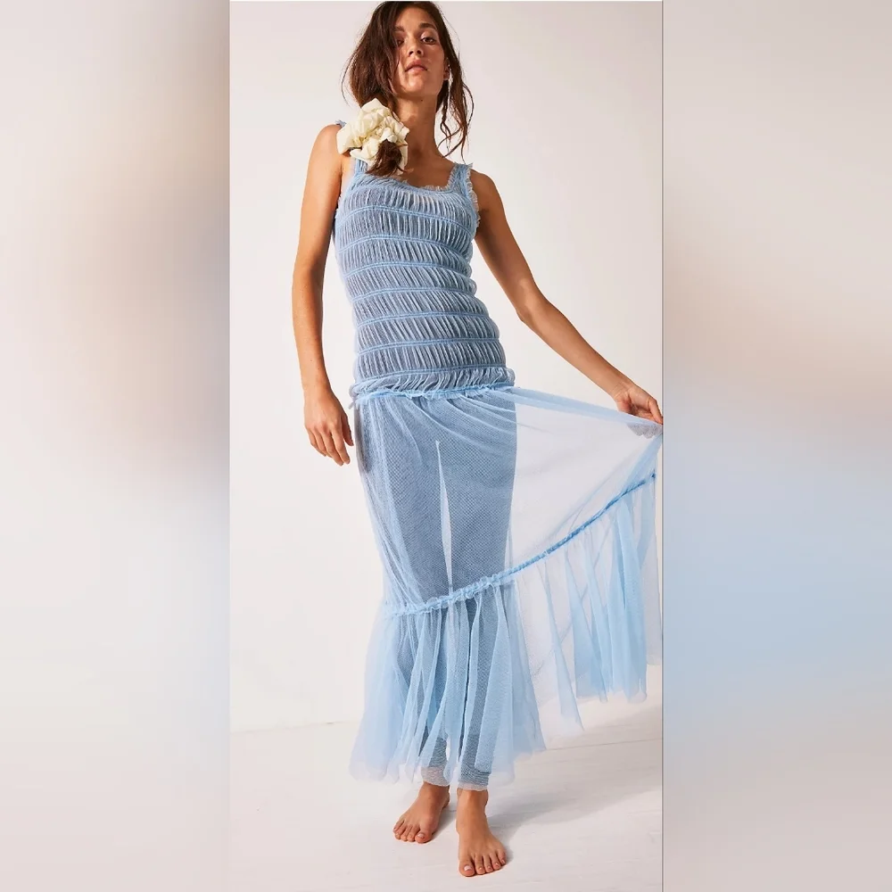 Free People Smock About It Slip Dress in Lake Life Blue